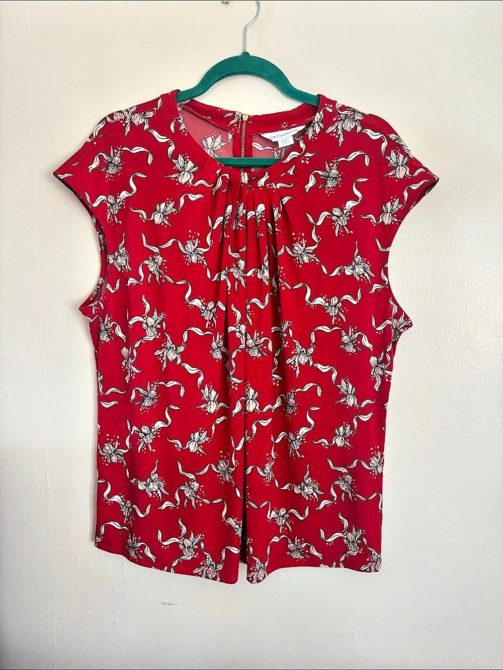 Liz Claiborne Petite XXL Red Floral Pleated Workwear Blouse
